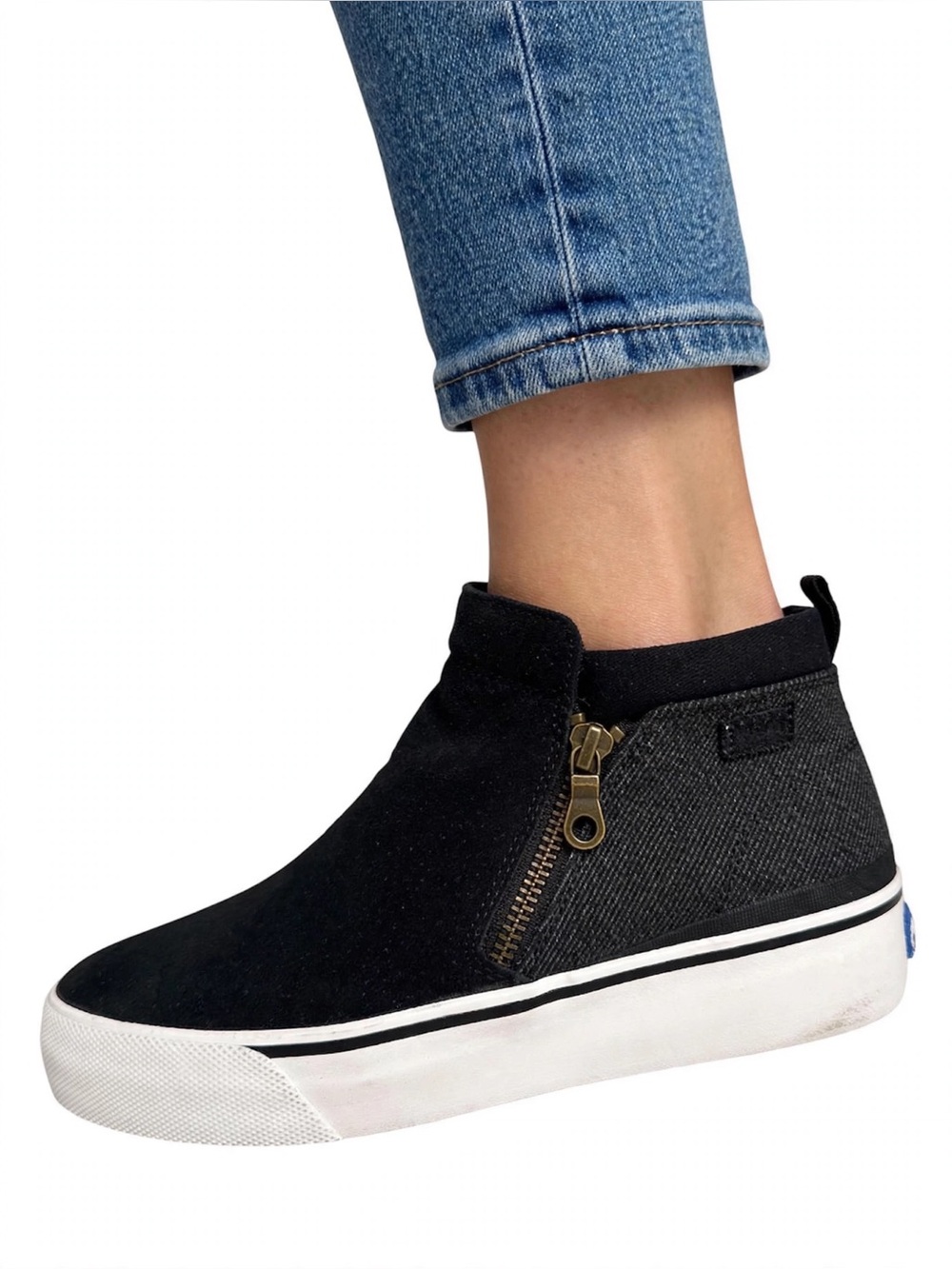 Keds Cooper Zip Suede & Denim Black 9M Brass Zipper Sneakers w/ Softerra Pad NIB